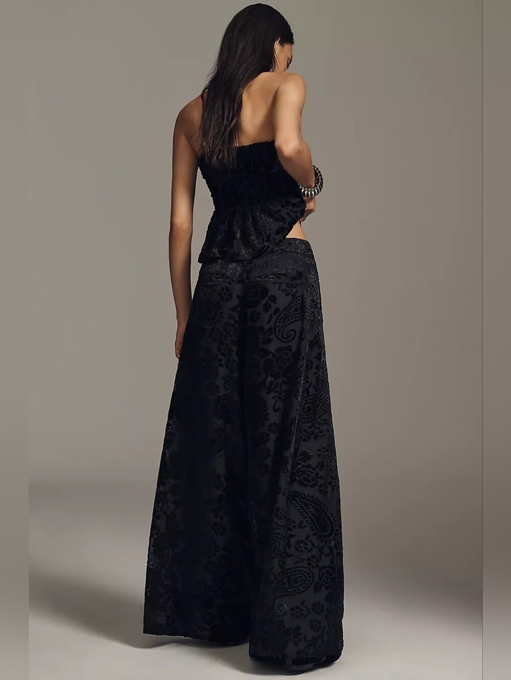 Anthropologie Black Floral Velvet Novelty Burnout Wide Leg Pants - Picture 3 of 6